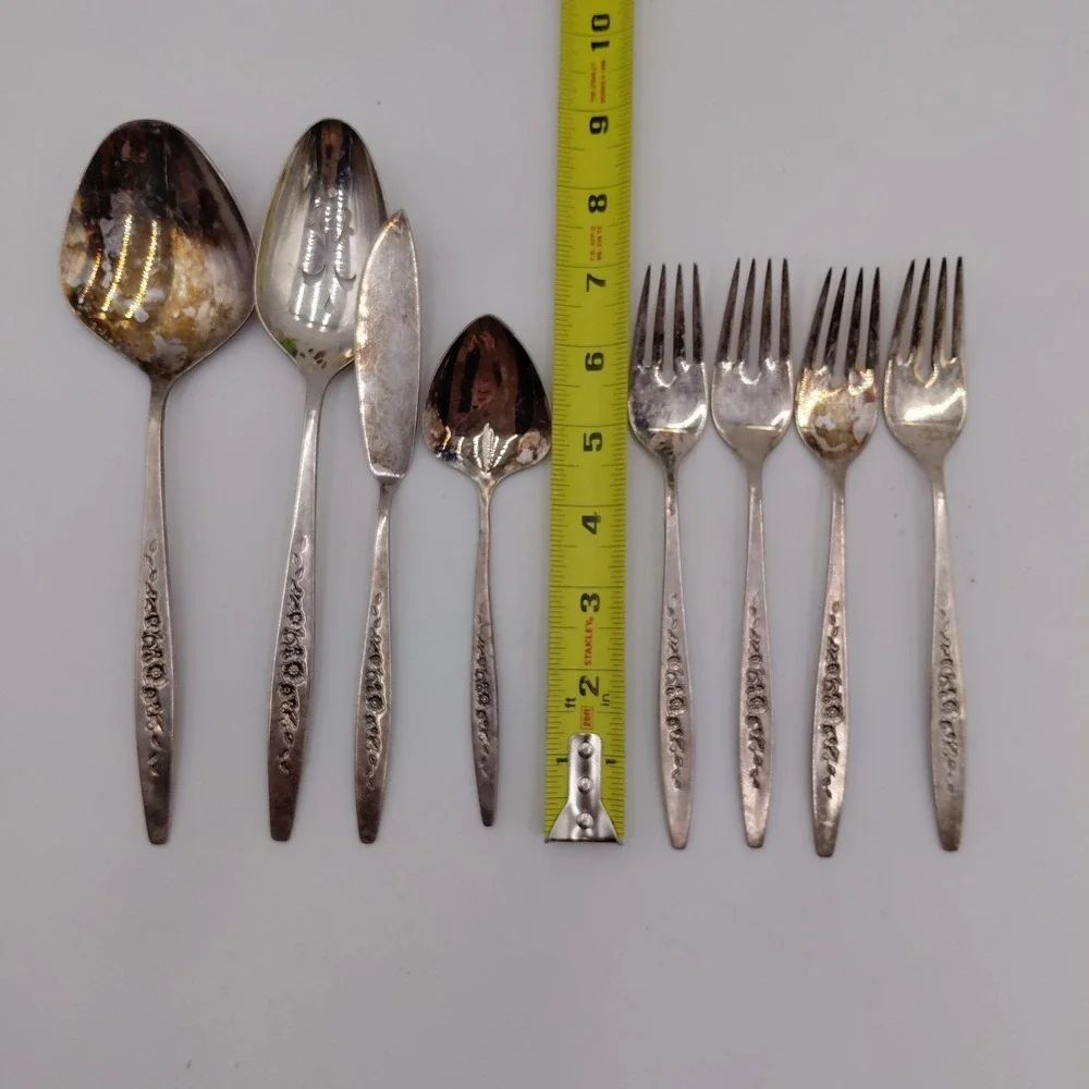 8 International Deep Silver Silverplate 1966 Laurel Mist Flatware Floral Etched